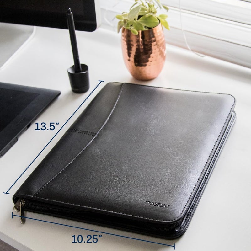 COSSINI Black Superior Vegan Leather Business Portfolio with Zipper – Padfolio All-in-One. Smartest Protective 10.1 Inch Tablet Sleeve, Presentation Slot, Solar Calculator, Card Storage, Writing Pad - Image 4